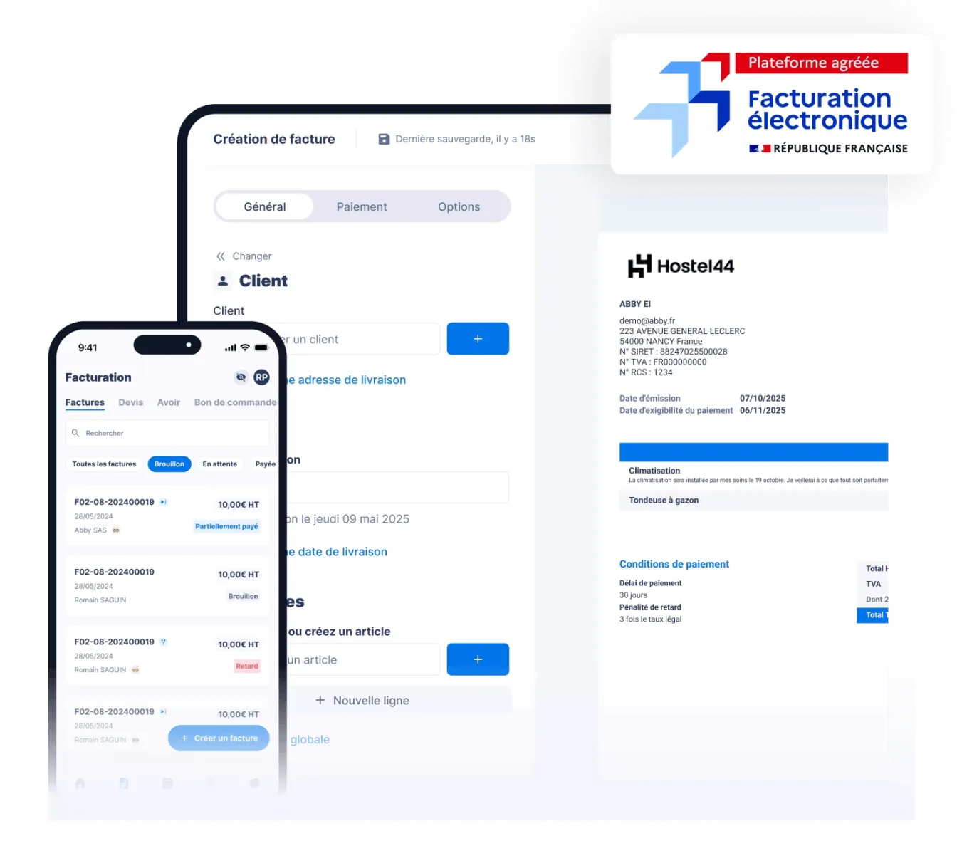Creation de facture dans Abby, version web et mobile