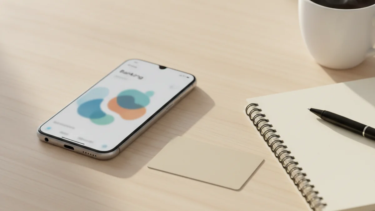 Smartphone affichant un tableau de bord bancaire sur un bureau