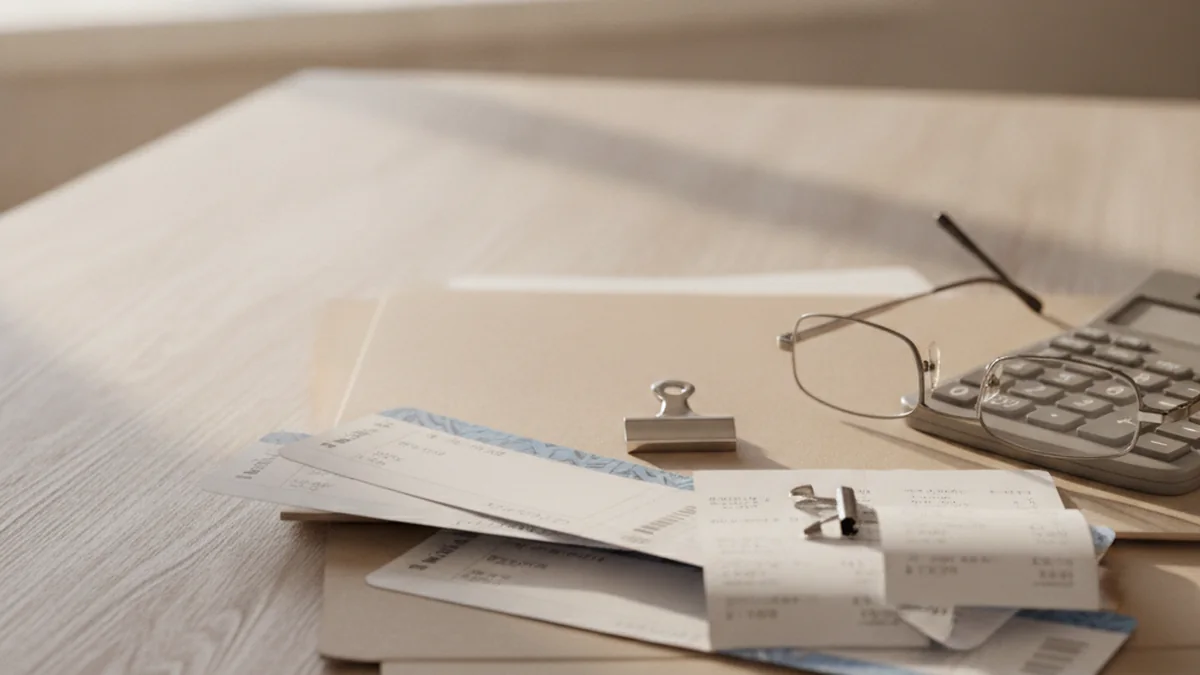 Justificatifs de deplacement et calculatrice sur un bureau en bois