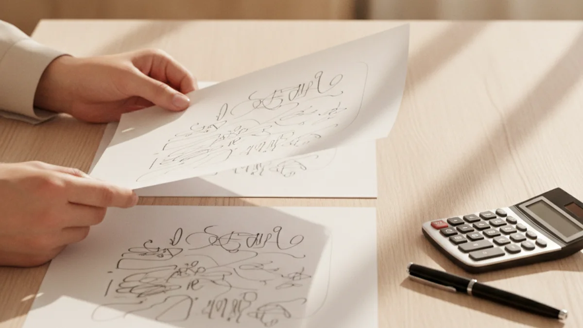 Mains comparant deux devis imprimes sur un bureau