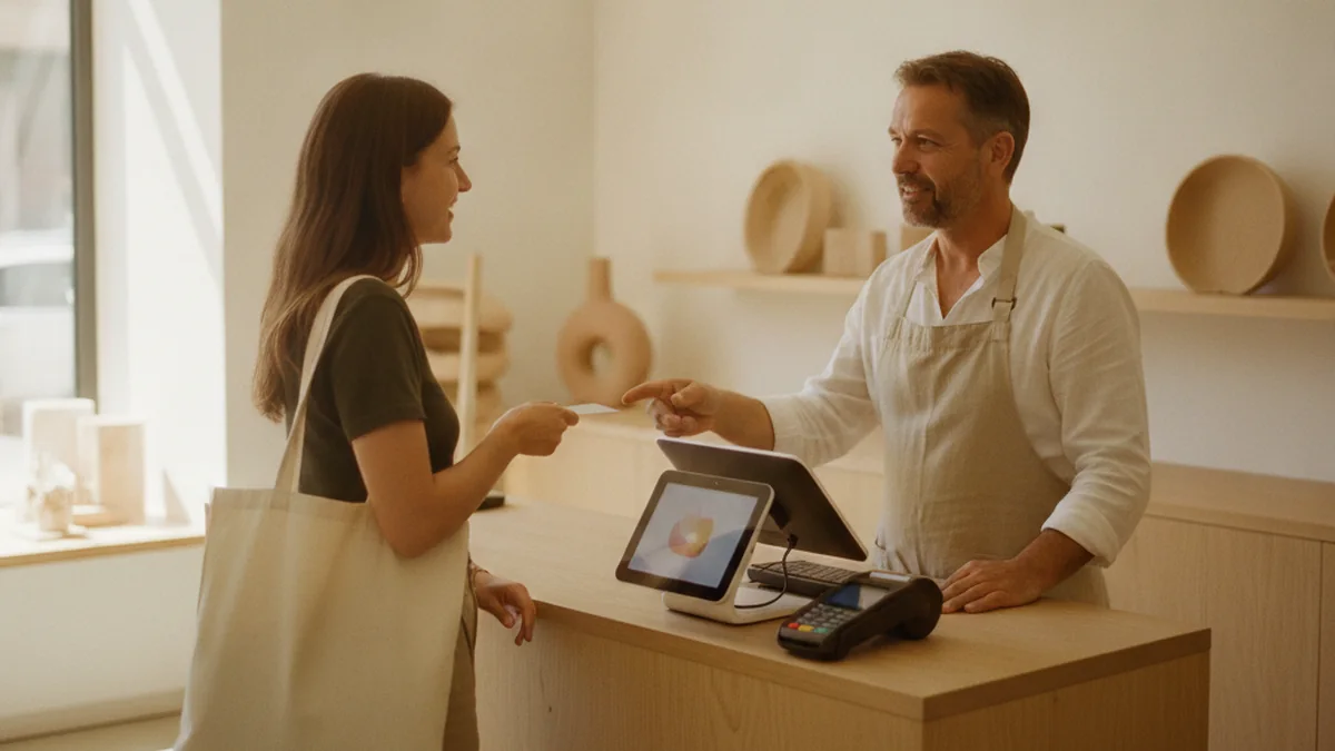 Commercant encaissant un client sur une caisse moderne en boutique