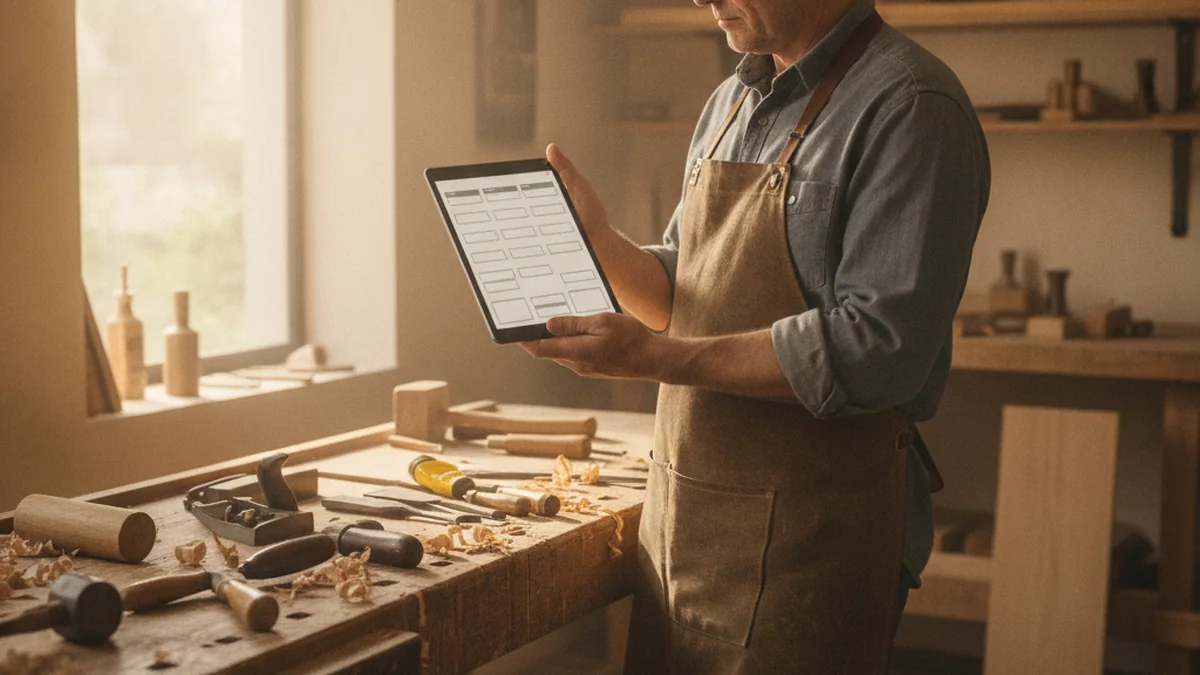 Artisan consultant une tablette dans son atelier entre deux tâches
