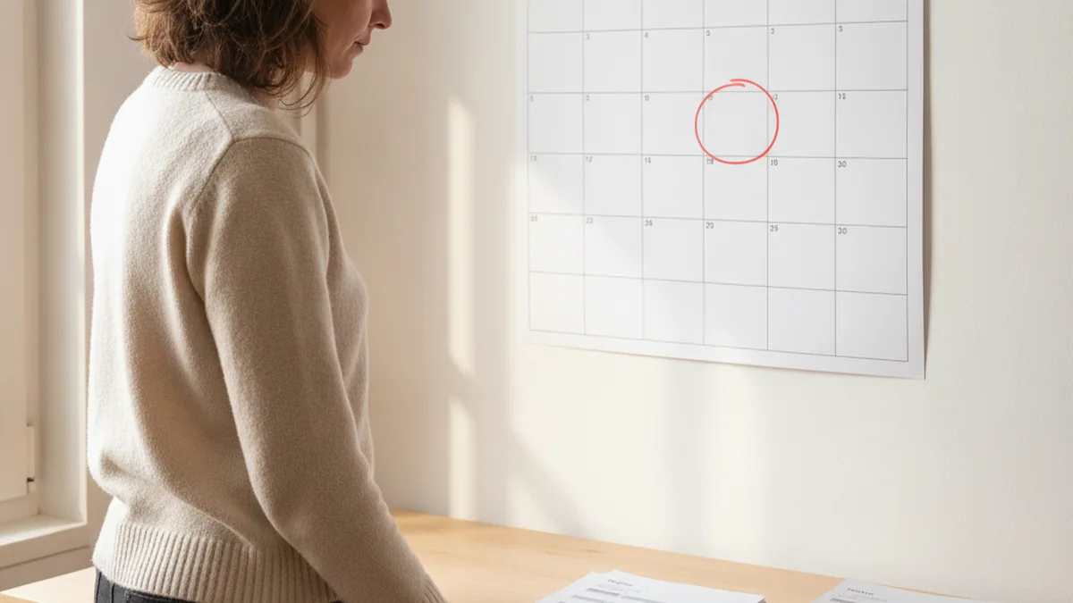 Indépendante devant un calendrier mural avec une échéance entourée et des factures papier sur le bureau