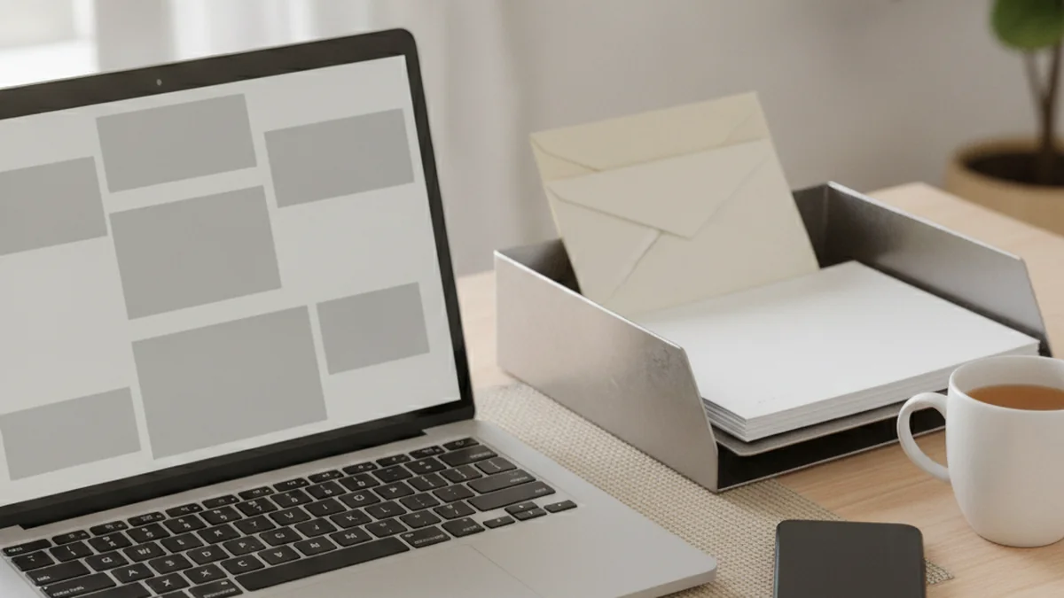 Bureau de TPE avec un ordinateur portable et une bannette de courrier professionnel