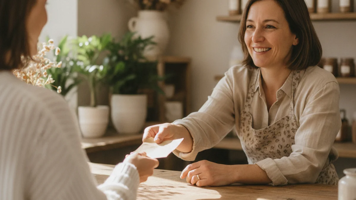 Commercante remettant un ticket a une cliente au comptoir