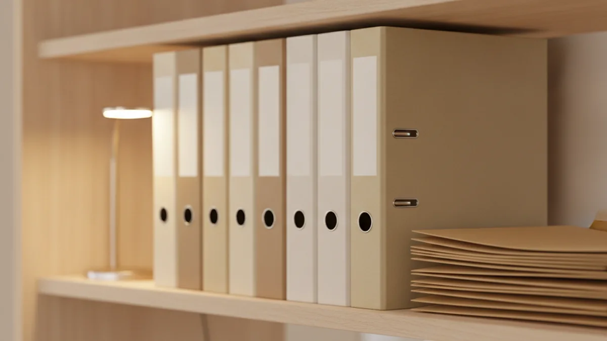 Classeur et documents archives sur une etagere de bureau