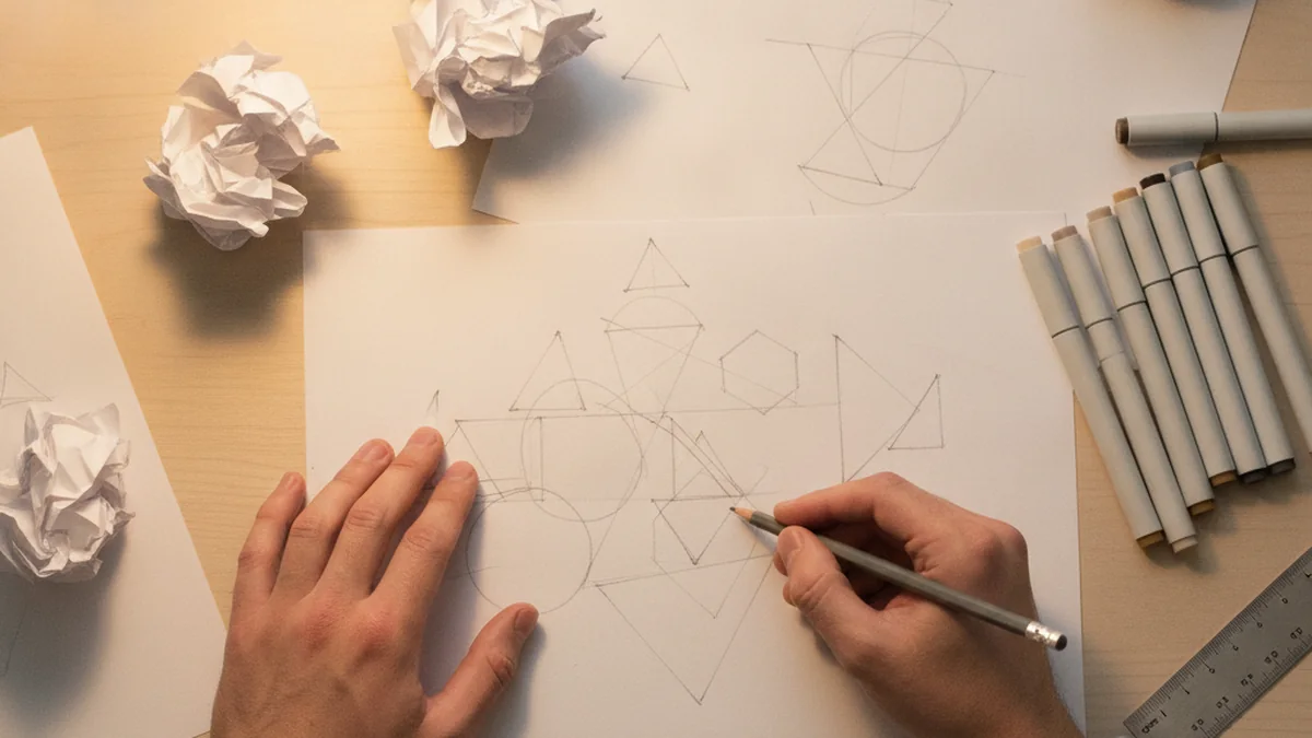 Mains d un designer esquissant des formes abstraites au crayon