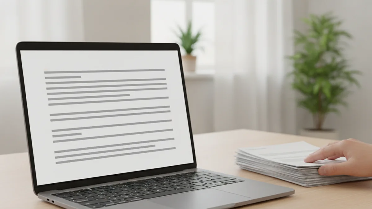 Ordinateur portable et smartphone affichant un document sur un bureau clair