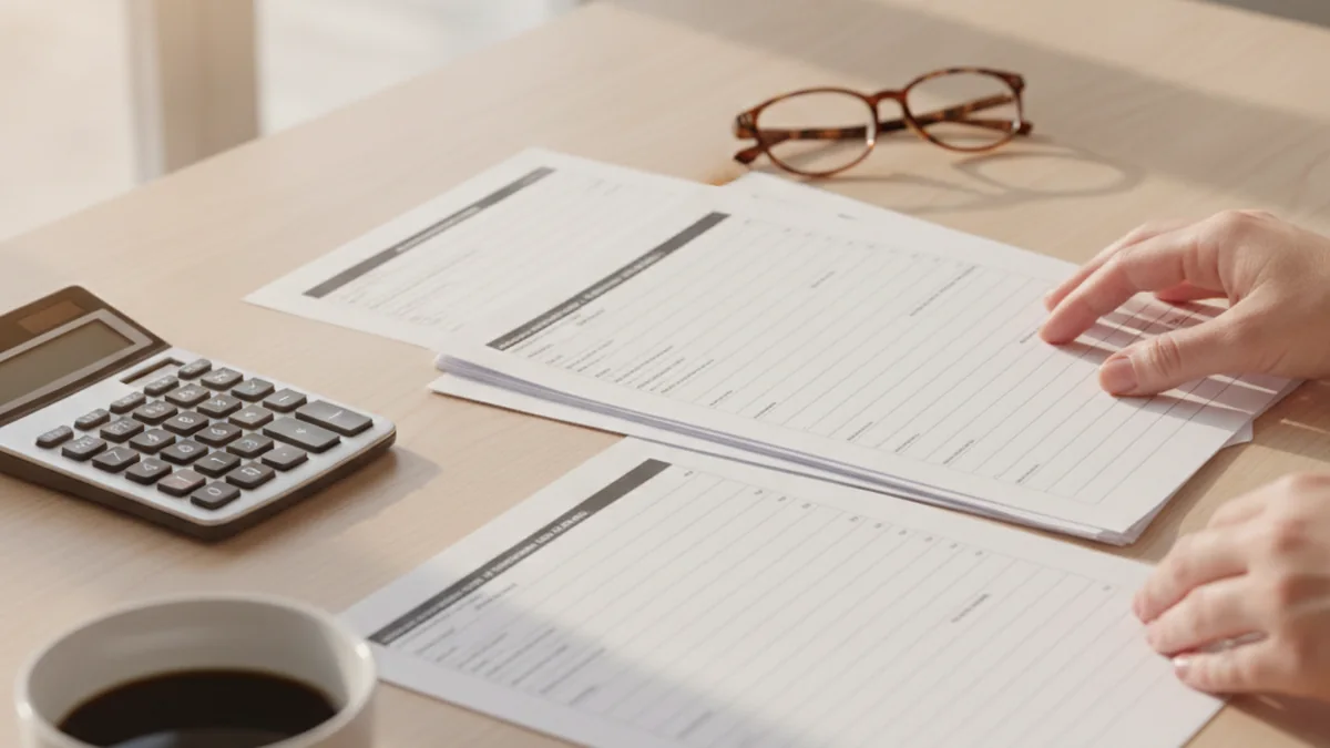 Table de travail avec formulaires fiscaux calculatrice et tasse de cafe