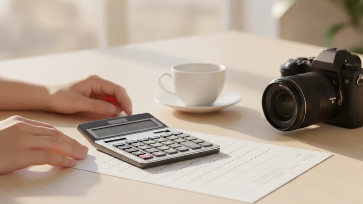 Table de travail avec calculatrice releve bancaire et appareil photo