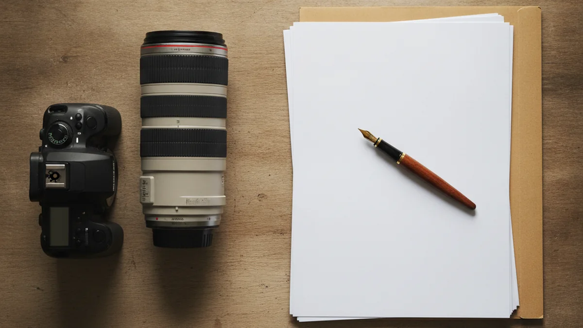 Bureau de photographe avec un appareil photo et des documents administratifs vierges