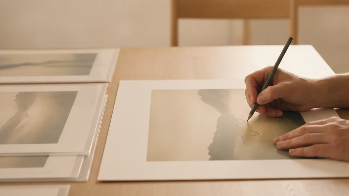 Photographe signant un tirage d art dans son atelier
